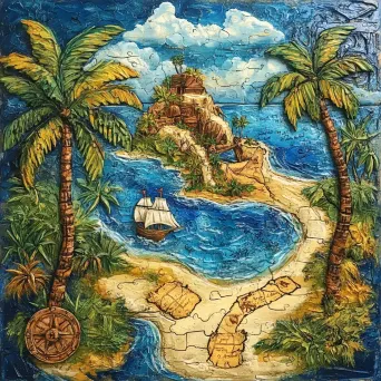 Lively image of children exploring a tropical island with coconut trees and hidden treasure map - Image 4