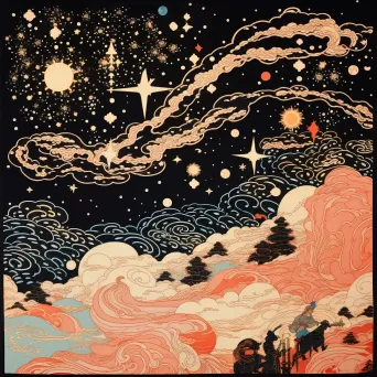 Woodblock print of constellations in the milky way depicted as mythical beats - Image 1