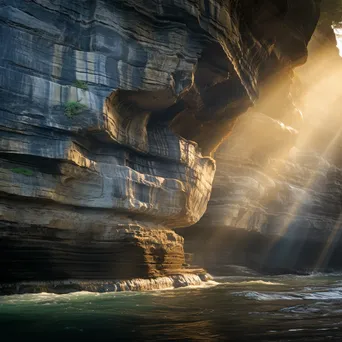 Majestic sedimentary rock cliff faces highlighted by sunbeams. - Image 1