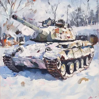 Impressionistic artwork of snow-covered military tank turned into children