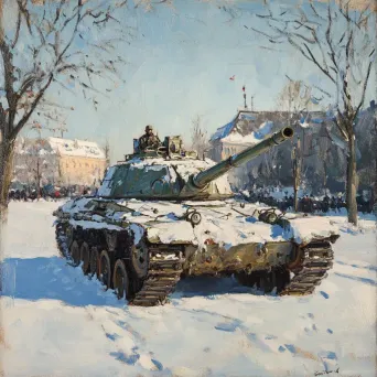 Impressionistic artwork of snow-covered military tank turned into children