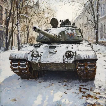 Impressionistic artwork of snow-covered military tank turned into children