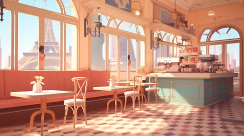 Pastel-colored Parisian café scene in low poly Art Deco style - Image 1