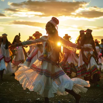 Performers in traditional attire dancing at sunset - Image 2