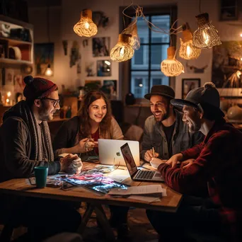 Group of creatives brainstorming at night with fairy lights - Image 1