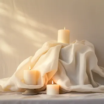 Soft white and cream colored candles on linen cloth. - Image 2