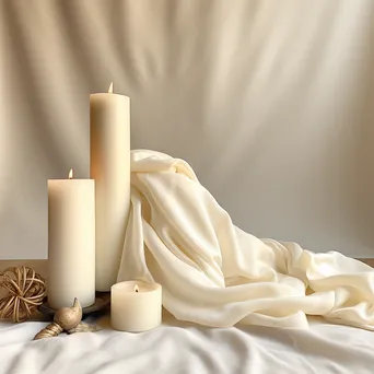 Soft white and cream colored candles on linen cloth. - Image 3