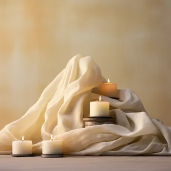 Soft white and cream colored candles on linen cloth. - Image 4