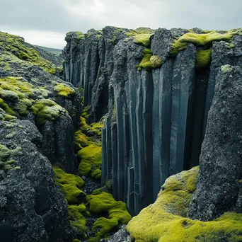 Volcanic landscape showing basalt columns contrasted with green moss - Image 2