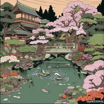 Illustration of a Japanese garden with cherry blossoms and bonsai trees - Image 2