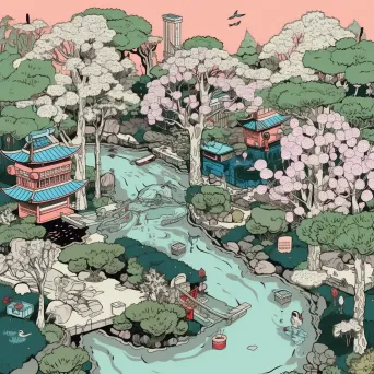 Illustration of a Japanese garden with cherry blossoms and bonsai trees - Image 3