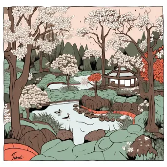 Illustration of a Japanese garden with cherry blossoms and bonsai trees - Image 4