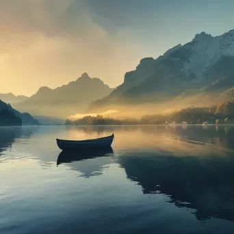 Golden hour at serene lake with misty mountains and lone boat - Image 1