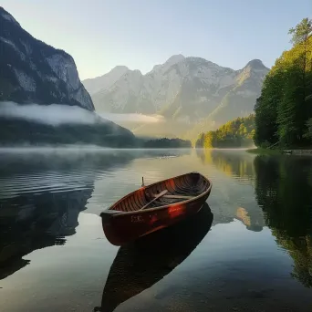 Golden hour at serene lake with misty mountains and lone boat - Image 3