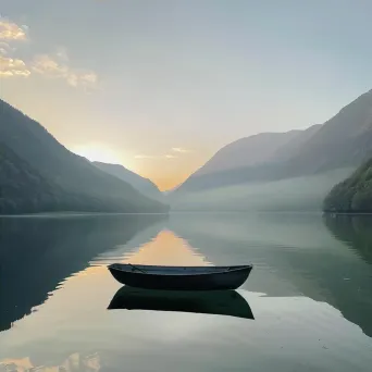 Golden hour at serene lake with misty mountains and lone boat - Image 4