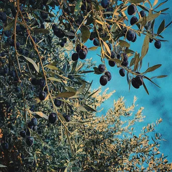 Olive trees filled with olives under a vibrant blue sky. - Image 1