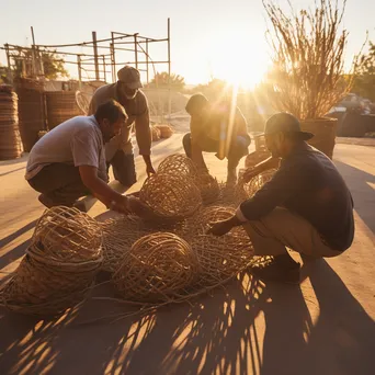 Artisans working on large baskets during sunset - Image 1