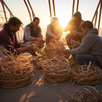 Artisans working on large baskets during sunset - Image 3