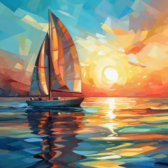 Expressive low poly sailboat traversing vibrant turquoise waters - Image 1