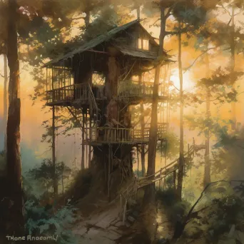 Rustic treehouse in forest with sunset - Image 1