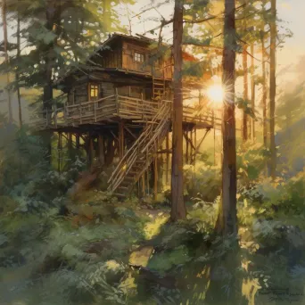 Rustic treehouse in forest with sunset - Image 2