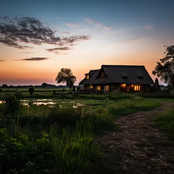 Thatched Roof Farmhouse at Dusk