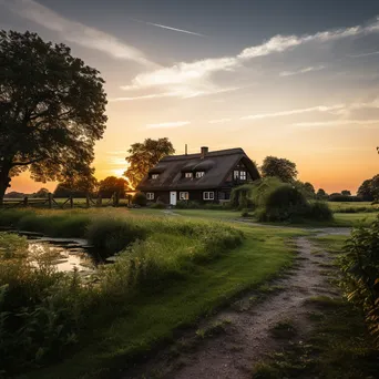 Traditional farmhouse with thatched roof at dusk - Image 3