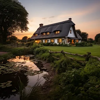 Traditional farmhouse with thatched roof at dusk - Image 4