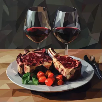 Steak dinner with wine represented in low poly style with rich colors - Image 1