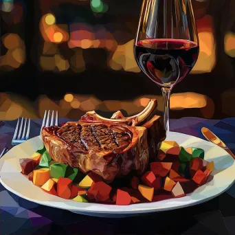 Steak dinner with wine represented in low poly style with rich colors - Image 2