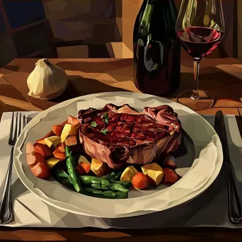 Steak dinner with wine represented in low poly style with rich colors - Image 3