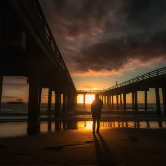 Silhouette of a person watching the sunset on a pier by the ocean - Image 2