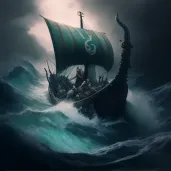 Viking longship sailing through stormy seas with a determined crew - Image 1