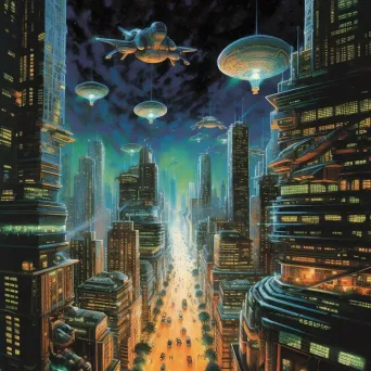 Futuristic cityscape with flying vehicles and high-tech buildings - Image 3