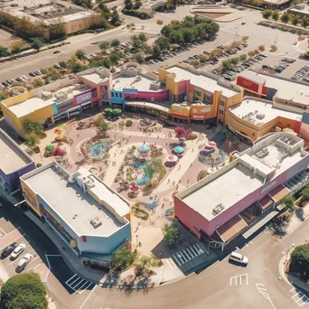 Vibrant outdoor shopping plaza with diverse shops and customers. - Image 2