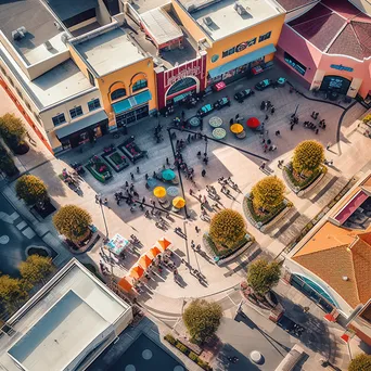 Vibrant outdoor shopping plaza with diverse shops and customers. - Image 4