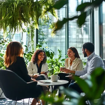 Diverse colleagues enjoying coffee together in a modern office lounge - Image 2