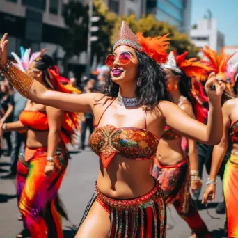 Colorful urban street parade with marching bands and joyful spectators celebrating diversity. - Image 1