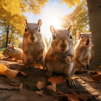 Family of squirrels resting on an ancient tree stump in autumn - Image 1