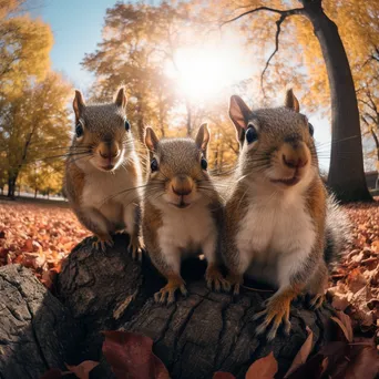 Family of squirrels resting on an ancient tree stump in autumn - Image 2