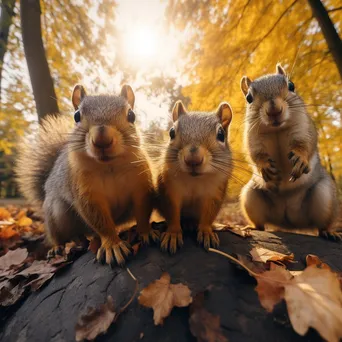 Family of squirrels resting on an ancient tree stump in autumn - Image 3