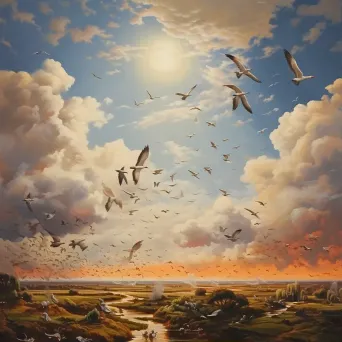 Artwork depicting a flock of migratory birds soaring in a Dutch Golden Age inspired skyscape - Image 1