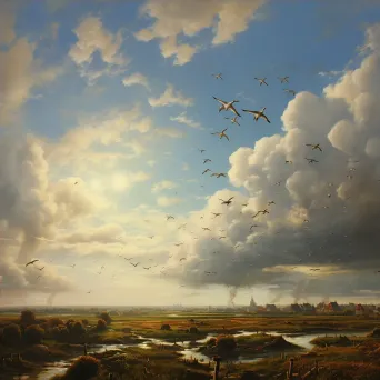 Artwork depicting a flock of migratory birds soaring in a Dutch Golden Age inspired skyscape - Image 4