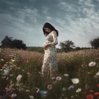 Pregnant Woman in Flower Field Embracing Belly - Image Generated - Image 4