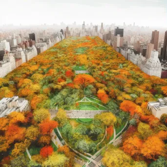 Aerial view of a large city park in autumn with a mix of orange and green foliage - Image 3