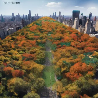 Aerial view of a large city park in autumn with a mix of orange and green foliage - Image 4