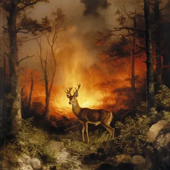 Deer in the foreground looking back at a distant forest fire - Image 2