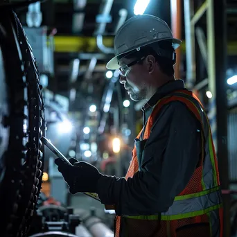 Maintenance worker inspecting factory equipment under artificial lighting - Image 3