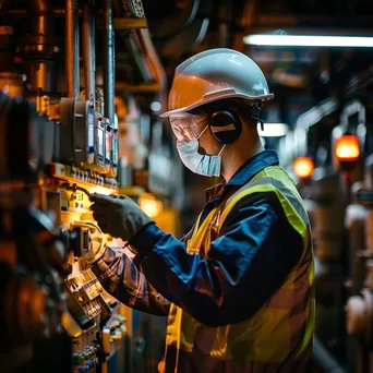 Maintenance worker inspecting factory equipment under artificial lighting - Image 4