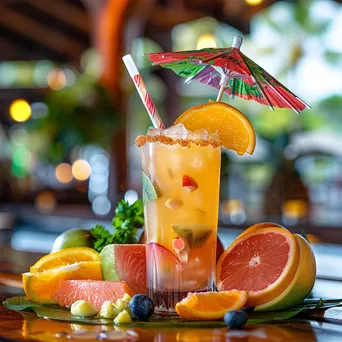 Close-up of a tropical cocktail garnished with fruit - Image 1